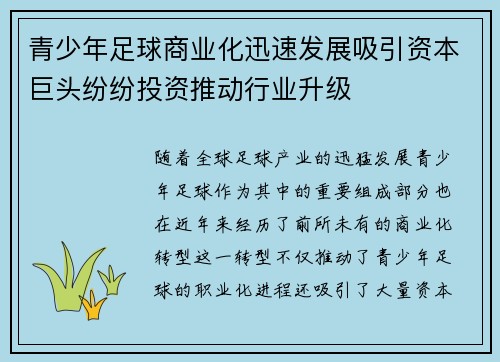 青少年足球商业化迅速发展吸引资本巨头纷纷投资推动行业升级 青少年足球商业化迅速发展吸引资本巨头纷纷投资推动行业升级