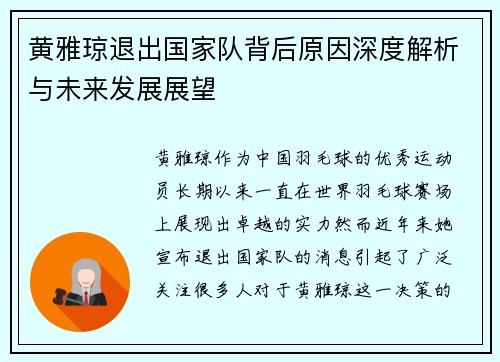 黄雅琼退出国家队背后原因深度解析与未来发展展望